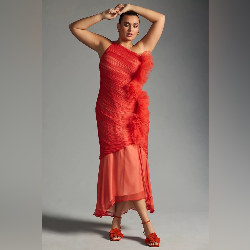 Anthropology Vineet Bahl Elegant Red/Orange One-Shoulder Dress NWT 2X plus size